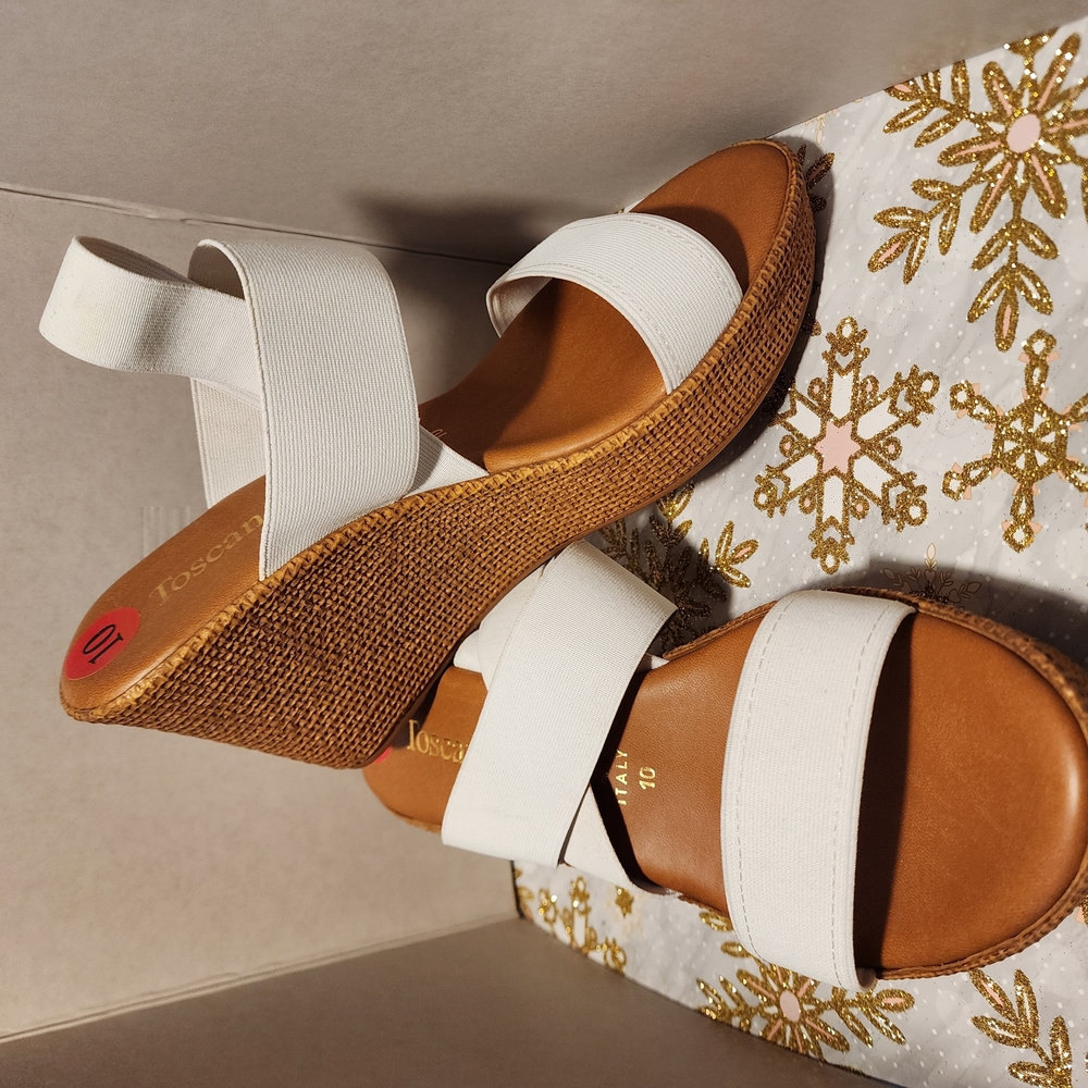 White and Brown Wedge Sandals with Platform Sole